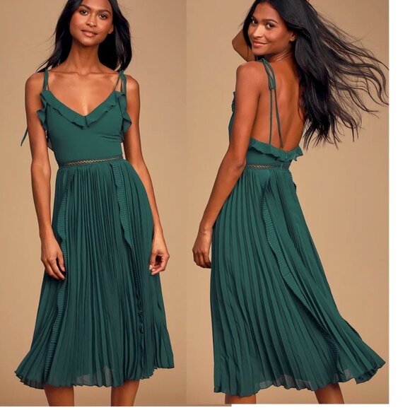Lulus Dresses & Skirts - Never a Dull Moment Emerald Green Tie-Strap Pleated Midi Dress Size XXS New NWT